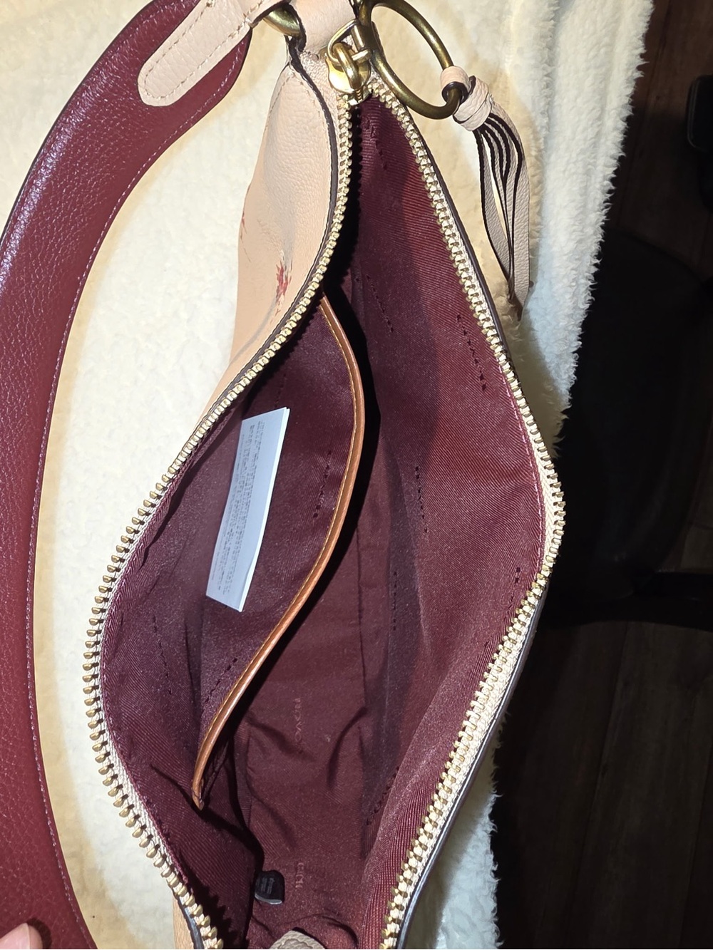 Coach Light Pink Floral Embossed Leather Shoulder Bag with Maroon Strap - Picture 3 of 4